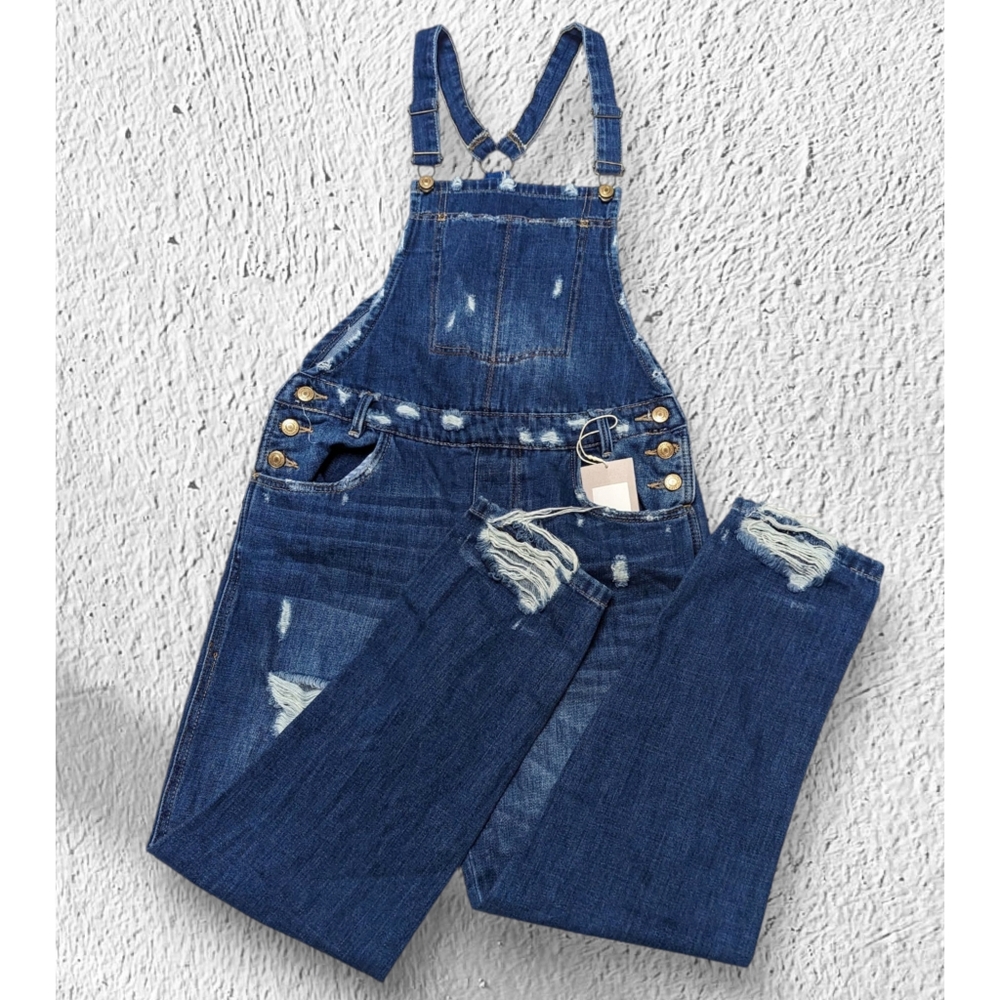 ZARA Ripped Blue Denim Jeans Overalls Women's Size S